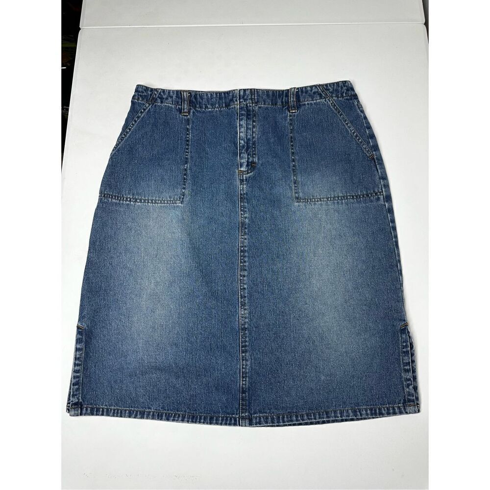 French Cuff Denim Skirt Size 14 Medium Wash Patch Pockets Y2K
